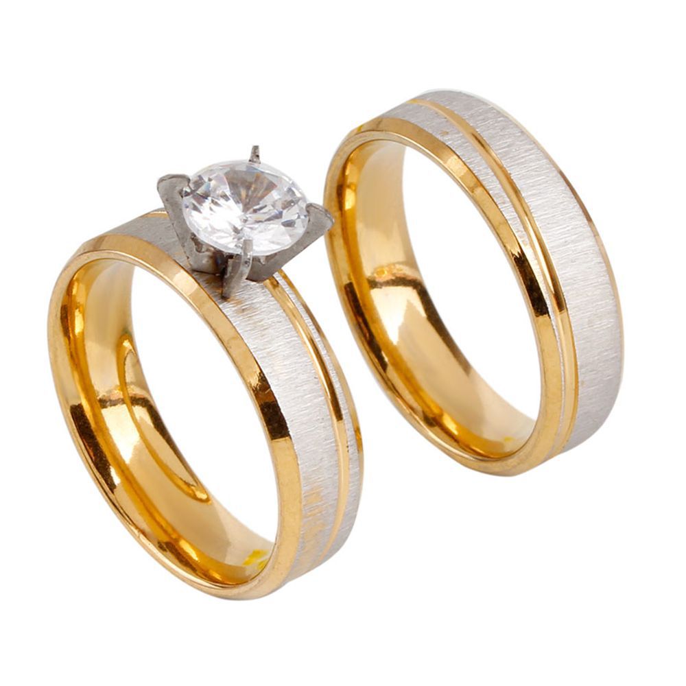 Stainless Steel Two Tone Brushed Pair Rings Real Gold Plated