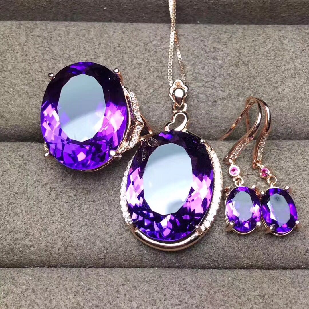 New Fashion Amethyst Set Ring Pendant Earrings Three-piece Set