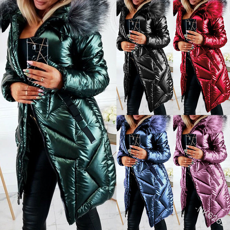 Glossy PU Big Fur Collar Slim Mid-length Long-sleeved Zipper Fashion Warm Cotton Jacket Women