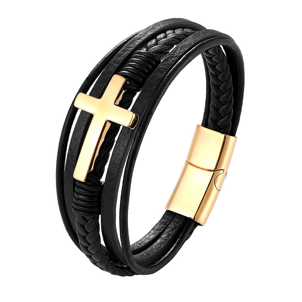 Fashion Cross Bracelet Stainless Steel Black Gold Steel Color Multilayer Braided Bracelet
