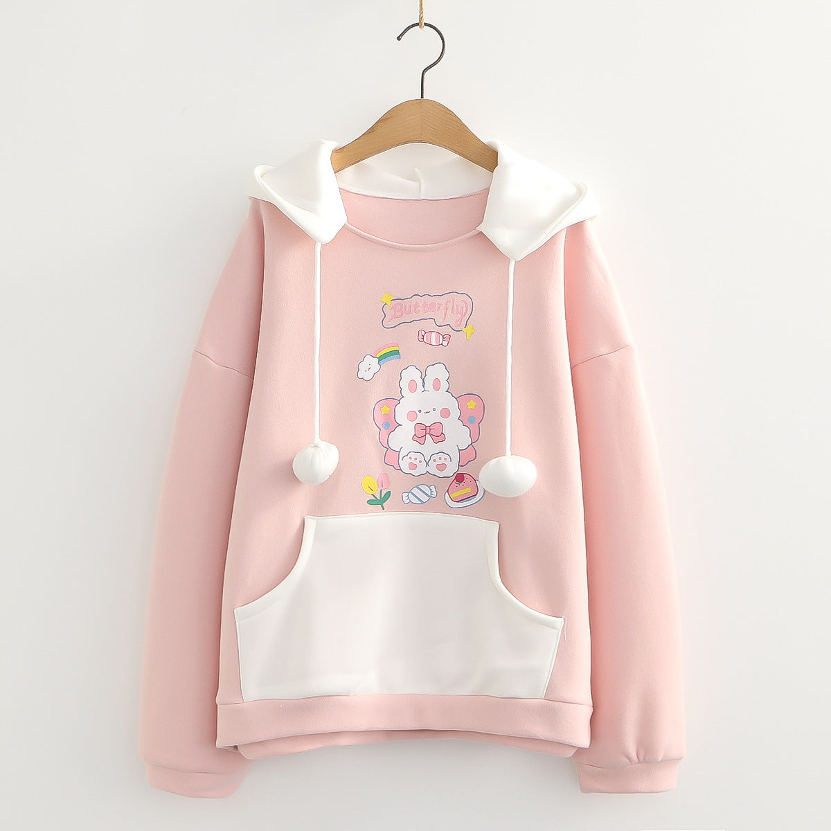 Student Sweet Plus Velvet Sweater Women's Hooded Fur Ball Print Cartoon Rabbit