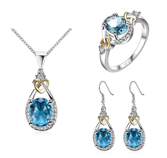 Sterling Silver Blue Jewel Necklace Ring Earrings