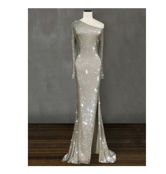 One shoulder asymmetrical sparkling long dress