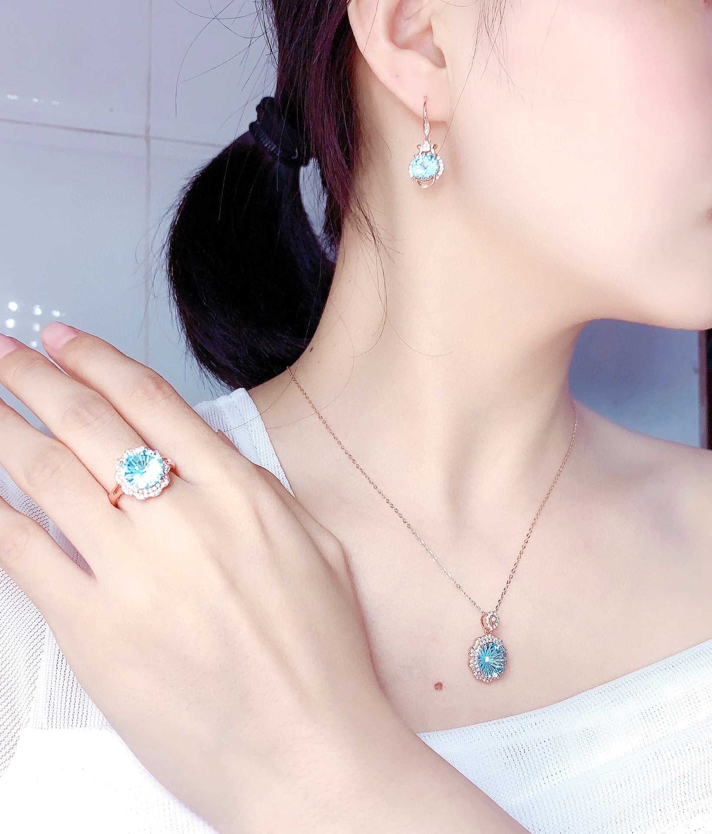 Natural Sky Blue Topaz Set Female Firework Cut Ring Pendant Earrings