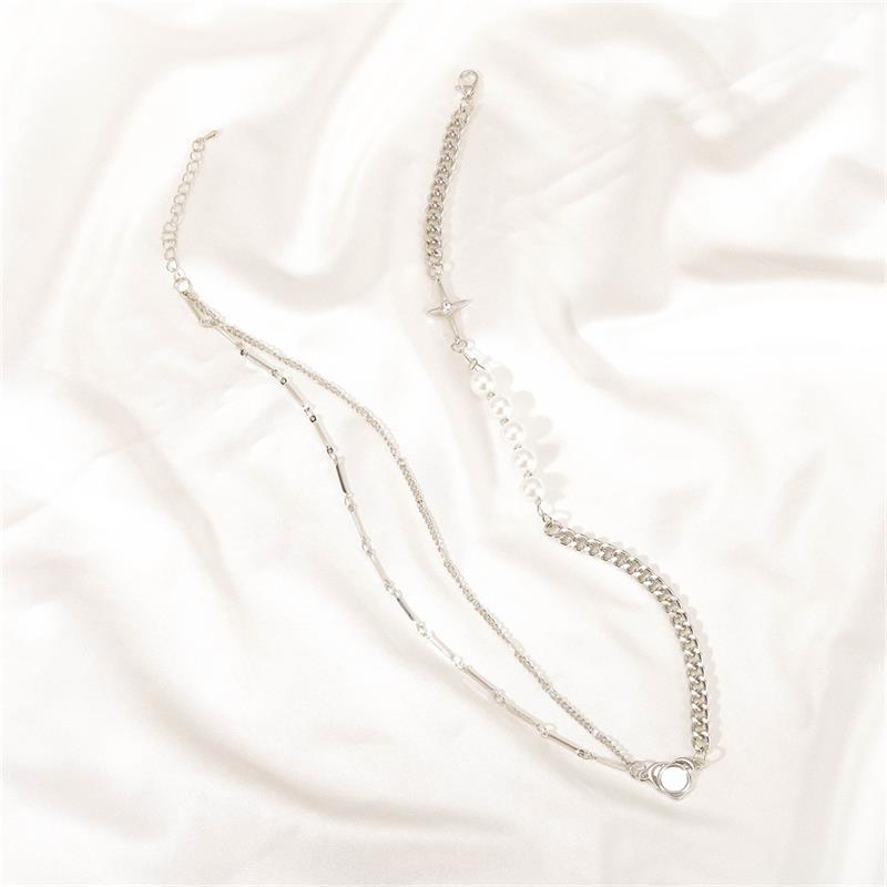 Simple Personality Hip Hop Cross Pearl Asymmetric Stitching Necklace