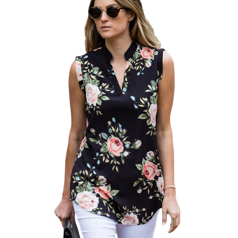 Sleeveless floral print V-neck chiffon shirt