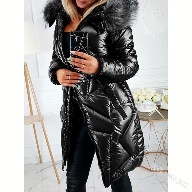 Glossy PU Big Fur Collar Slim Mid-length Long-sleeved Zipper Fashion Warm Cotton Jacket Women