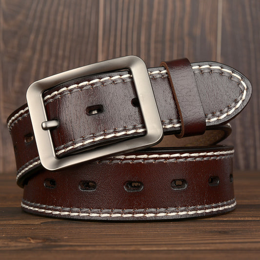 Two-Line Real Cowhide Men's Belt With Japanese Buckle