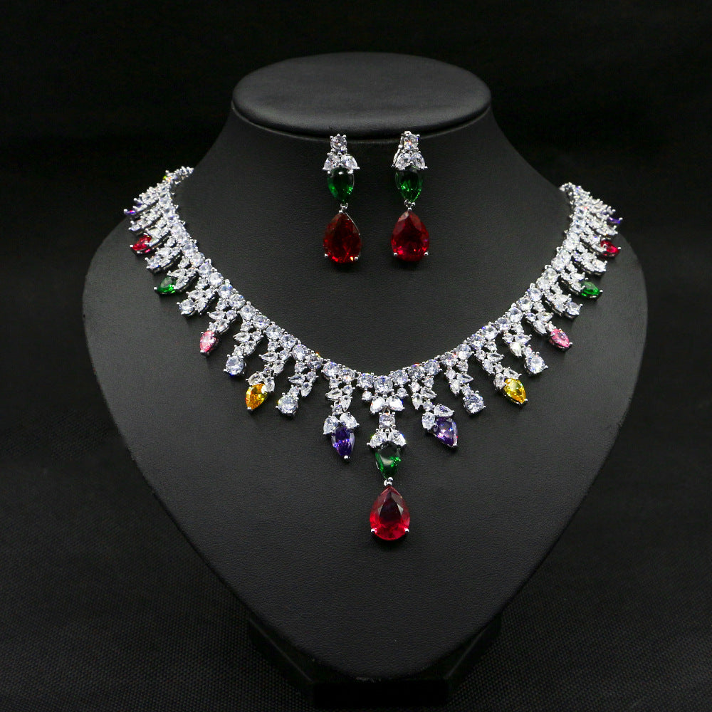 Fashion Red Zircon Necklace Earrings Set