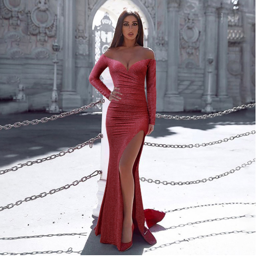 One-shoulder long-sleeved dress with high split hip evening dress