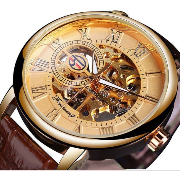 Hollow Mechanical Skeleton Transparent Style Leather Wrist Watch