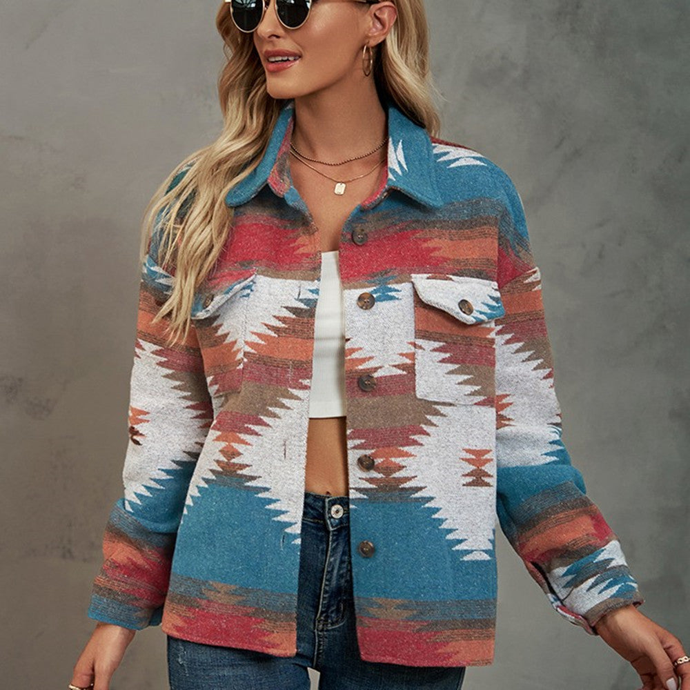 Geometric Pattern Cropped Loose Lapel Pocket Jacket