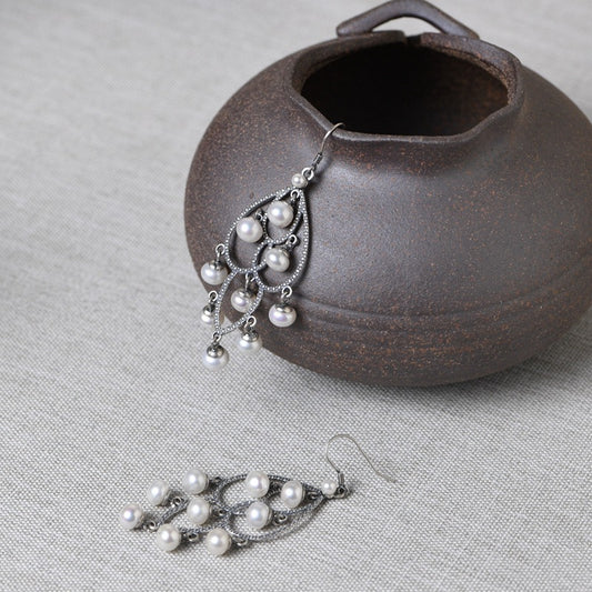 925 Vintage Thai Silver Tassel Pearl Silver Earrings