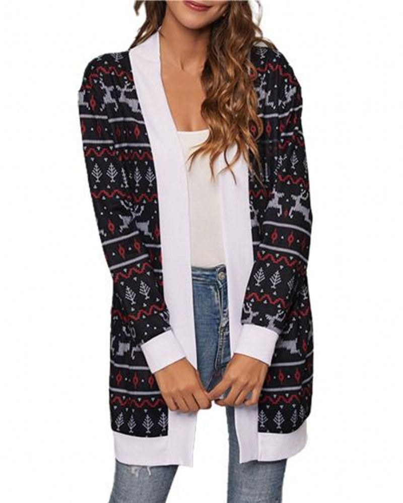 Women's Christmas Print Contrast Design Long Sleeve Cardigan