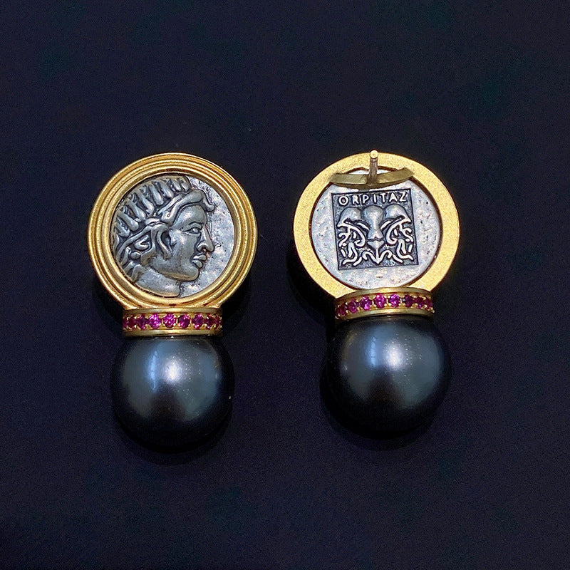 Retro Light Luxury Ancient Greek Sun God Pearl Stud Earrings