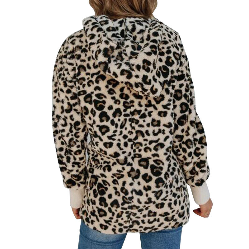 Women's Fashion Slim Leopard Print Hooded Coat