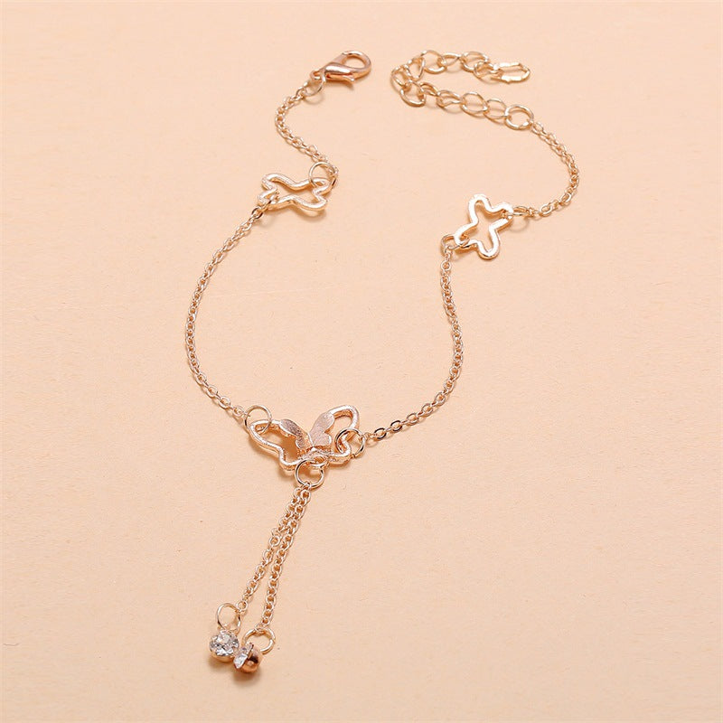 Temperament Butterfly Double Diamond Tassel Rose Gold Anklet