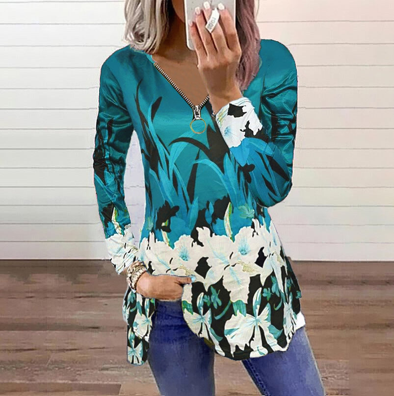 Zipper Pull Print Long-sleeved Loose T-shirt Women's Top