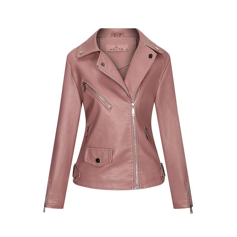 Temperament Women's Jacket PU Lapel Zipper Slim