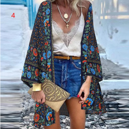 Casual Resort Doll Sleeve Cardigan Print Top Cardigan