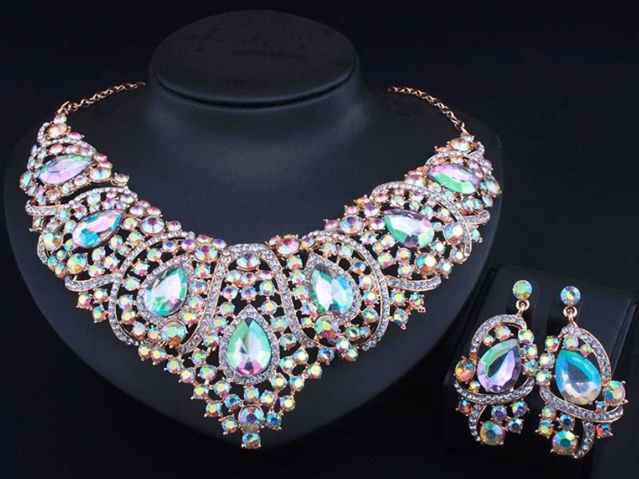 Crystal Rhinestone Necklace Earrings Set Chain African Bridal Jewelry SetStyle