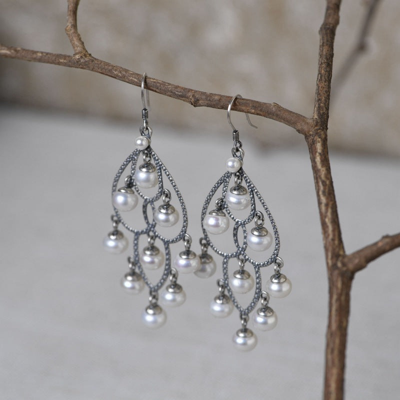 925 Vintage Thai Silver Tassel Pearl Silver Earrings