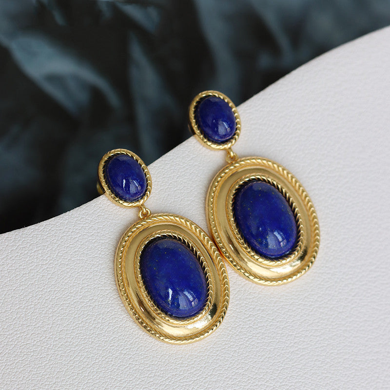 Retro Earrings Hong Kong Style High-end Ins Niche Design Natural Lapis Lazuli