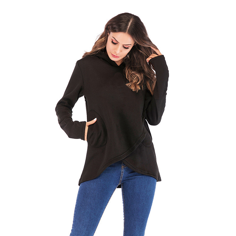 Long-Sleeved Fleece Women's Blouse New Solid Color Irregular Hooded Sweater