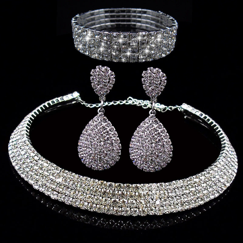Full Rhinestone Multilayer Necklace Bracelet Drop Earring Set