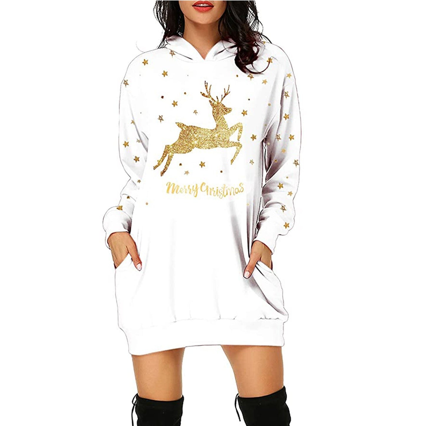 Christmas hot sale printed mid-length pocket hooded long-sleeved sweater