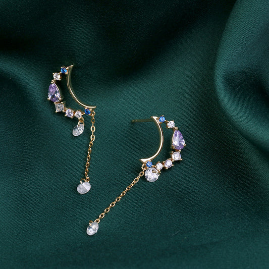 Moon Stud Temperament Long  Crystal Zircon Earrings