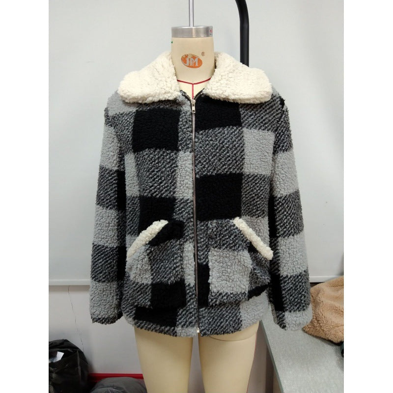 Plaid Plush Lapel Coat Lamb Fur Check Pocket Jacket Women