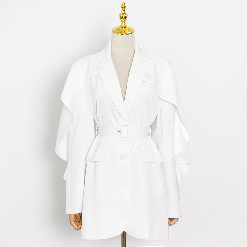 Irregular Ruffled Solid Color Jacket With Receiving Waist Belt