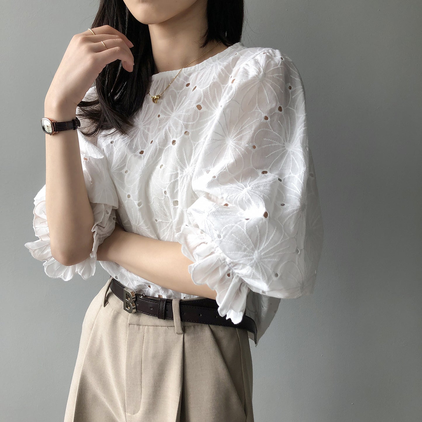 Korean Style Sweet Round Neck Puff Sleeve Shirt Top