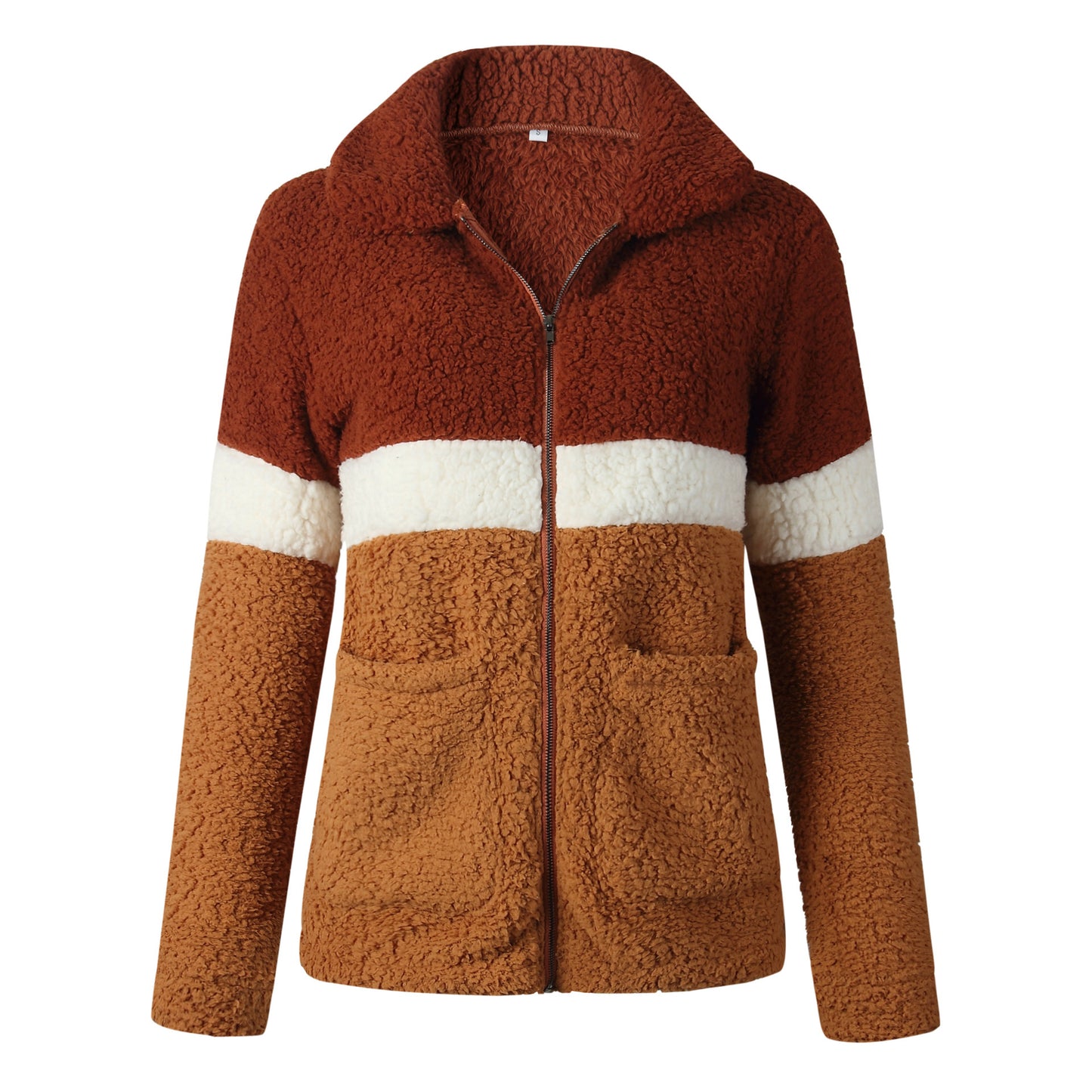 Color Block Plush Jacket Fashion Zipper Stitching Pockets