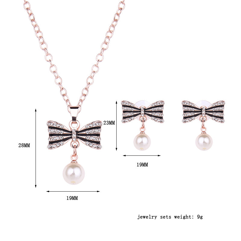 Fashion All-match Luxury Bow Full Diamond Necklace Earrings Jewelry Set