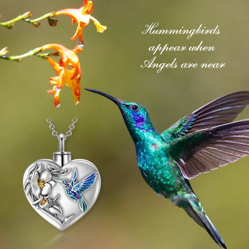 Hummingbird Flower Cremation Urn Necklace for Human Ashes 925 Sterling Silver Heart Keepsake Memorial Locket Holder Jewelry Gift