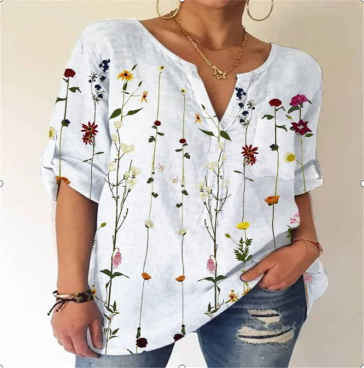 European And American Loose Print V-neck Long-sleeved Shirt