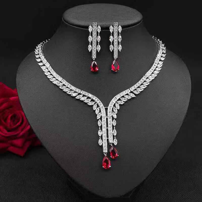 Water Drop Zircon Necklace Jewelry Set Flower Earrings Two-Piece Set