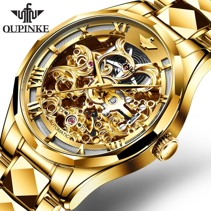 OUPINKE Luxury Men Watches Gold Skeleton Mechanical Watch Men Automatic Sapphire Glass Stainless Steel Wristwatch