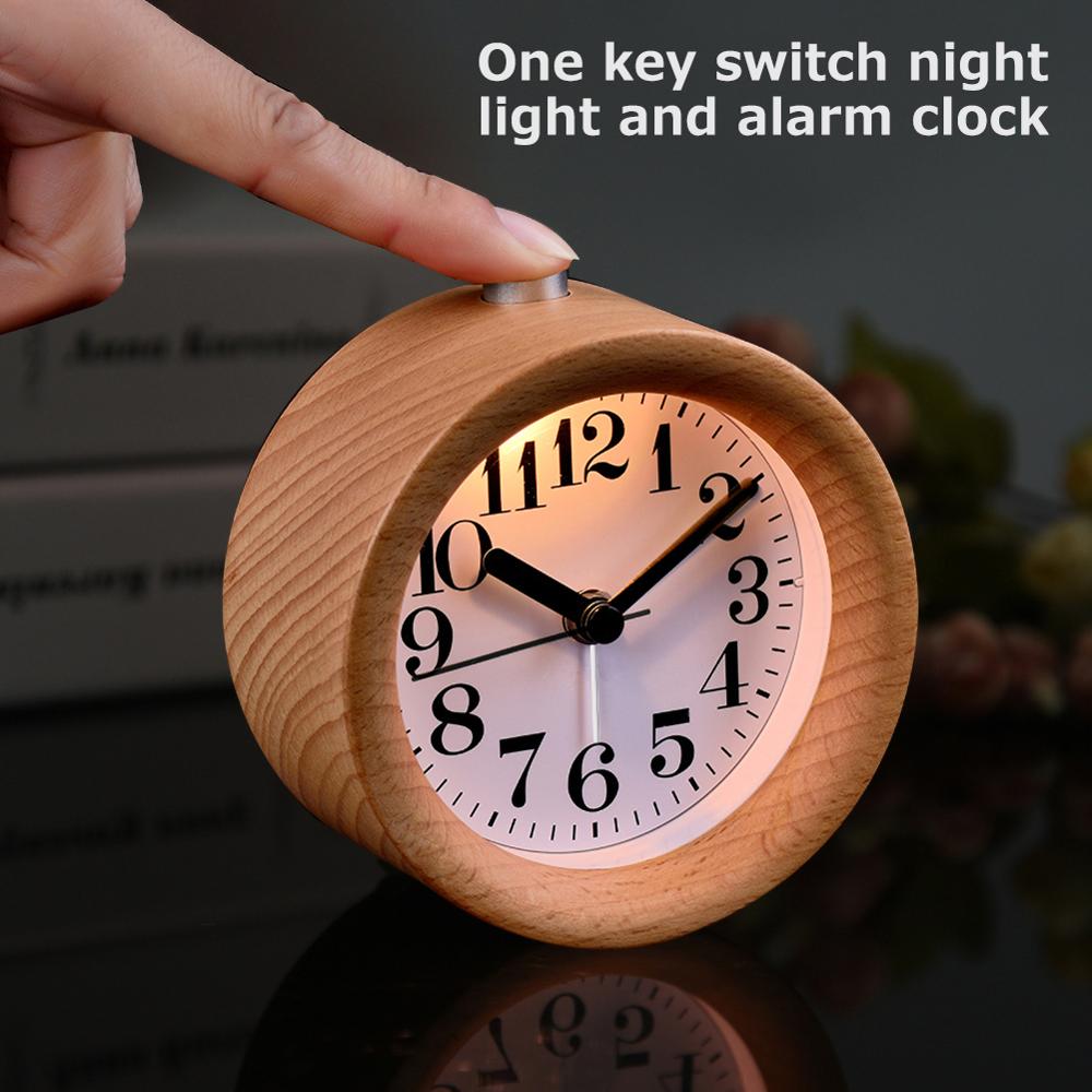 Handmade Classic Small Round Wood Silent Light Desk Alarm Clock With Desk Lamp for Home