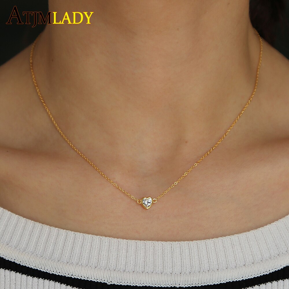 100% 925 sterling silver shiny cz zircon romantic love heart ladies pendant necklaces gold filled chain cz heart jewelry women