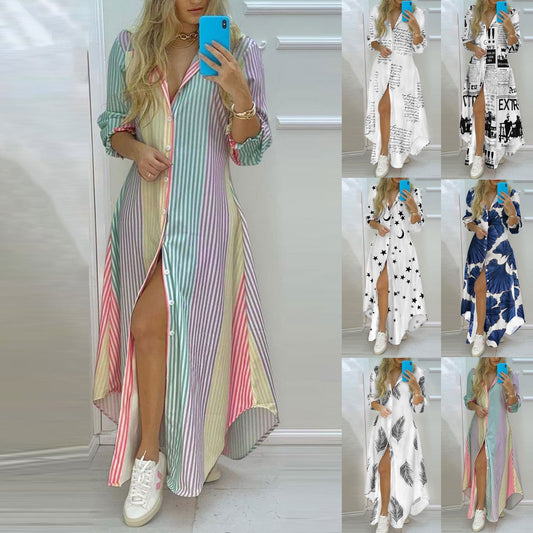 Women Stripe print Long Shirt Dress Fashion, Beach Button Big Maxi Dress Spring Summer
