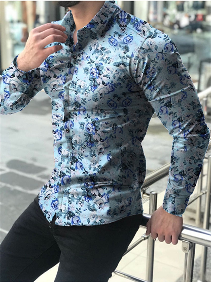 Cotton Floral Casual Men Shirt Long Sleeve Europe Style Slim Fit