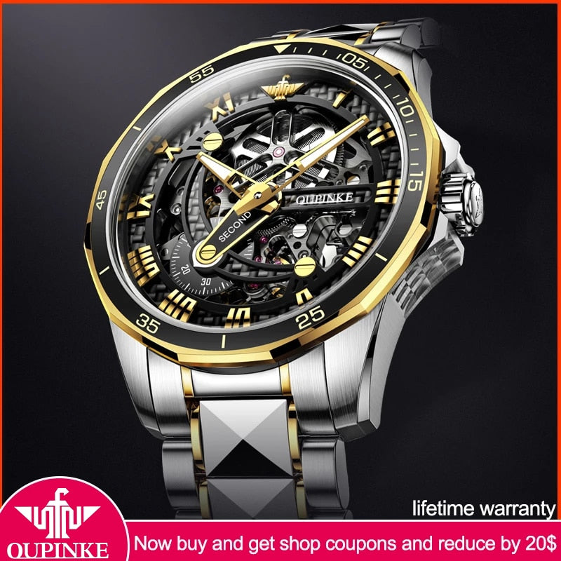 Fashion Leader Brand OUPINKE Luxury Men's Mechanical Wristwatch Automatic Watch Men Skeleton tungsten steel Sapphire Waterproof