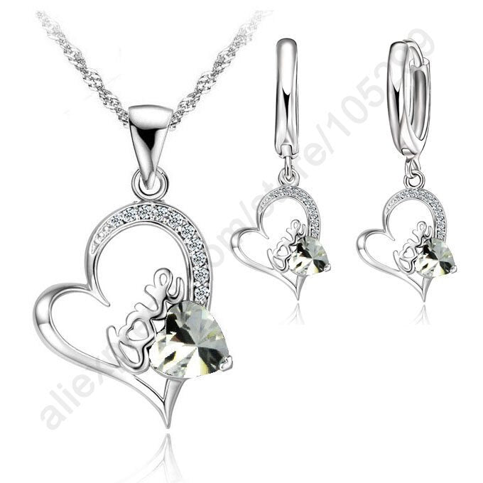 925 Sterling Silver Jewelry Sets lOVE IN HEART Cubic Zircon Pendant Necklace Leveback Earrings Jewelry Sets