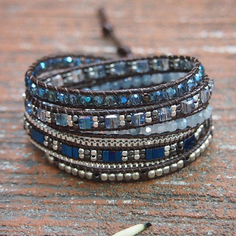 Men and Women 4mm Bead Blue Adjustable Bohemian Crystal Healing Wrap Statement Bead Bracelet