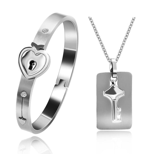 Uloveido Stainless Steel Lock and Key Necklace and Bracelet Matching Jewelry for Men and Women
