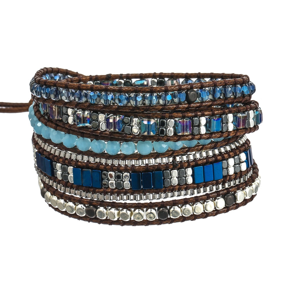 Men and Women 4mm Bead Blue Adjustable Bohemian Crystal Healing Wrap Statement Bead Bracelet