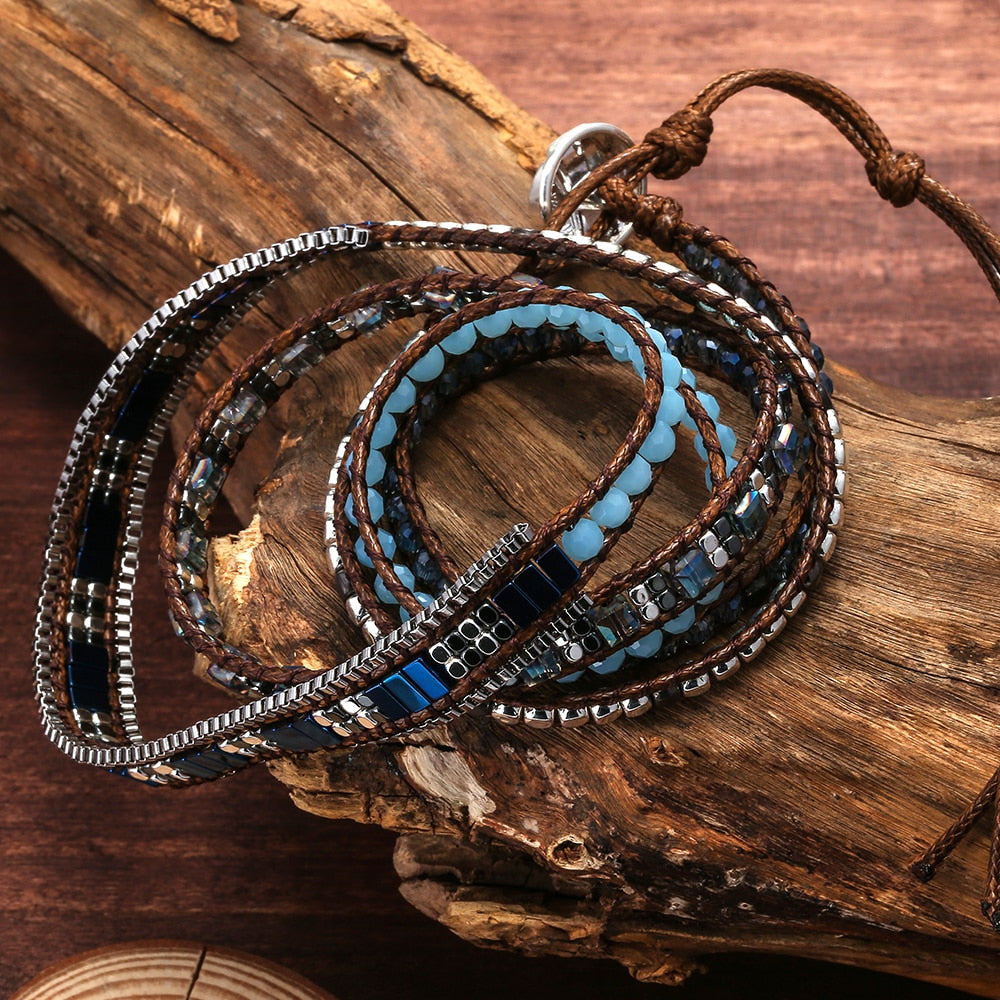 Men and Women 4mm Bead Blue Adjustable Bohemian Crystal Healing Wrap Statement Bead Bracelet